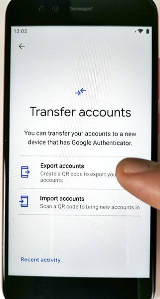 Transfer accounts with Import and Export options in the Google Authenticator app.