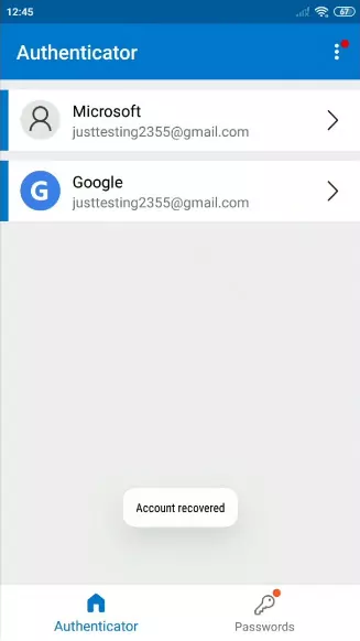 Screenshot of the Microsoft Authenticator app on an Android device.