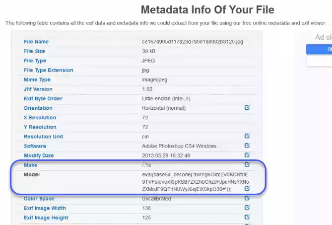 Screenshot of the hidden malware in the JPEG image metadata or EXIF data.