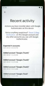 Recent activity log in the Google Authenticator app