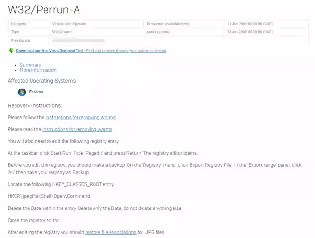 The W32-PerrunA virus removal instruction on the Sophos website