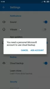You need a personal Microsoft Account to use cloud backup.
