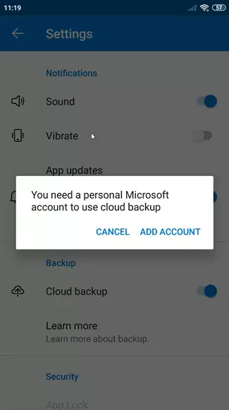 You need a personal Microsoft Account to use cloud backup.