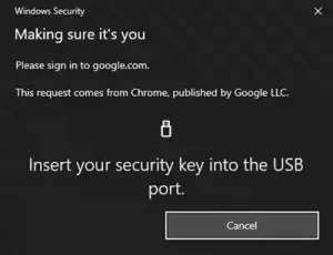 Insert your Security Key into the USB port dialog window.