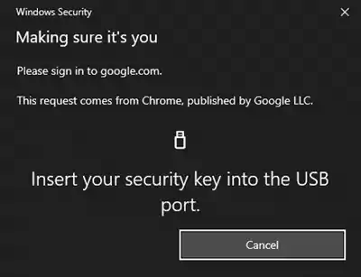 Insert your Security Key into the USB port dialog window.