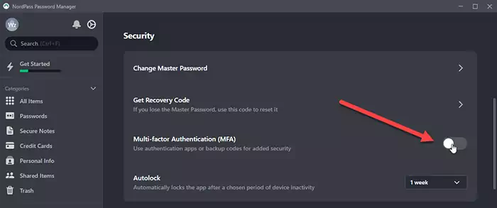 Enabling MFA in the NordPass Password Manager application.