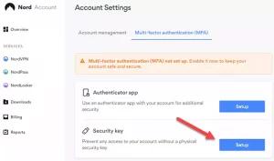 Security Key setup under Nord account settings.