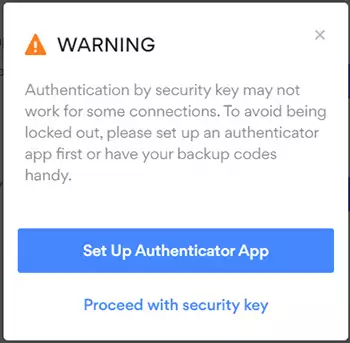 Warning authentication by security key may not work for some connections.