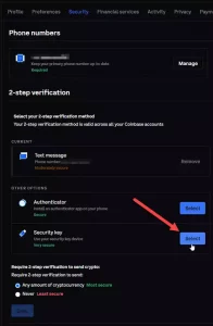 Adding Security Key in Coinbase.