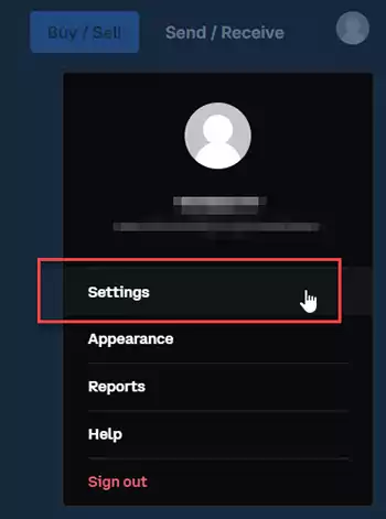 Coinbase settings options button