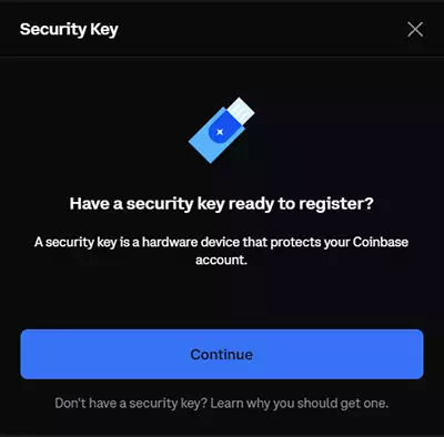 Coinbase Security ?Key registration continue button.