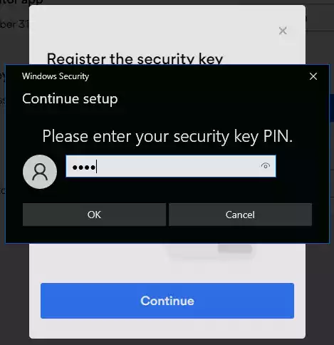 Windows security dialog requesting a YubiKey Pin code.