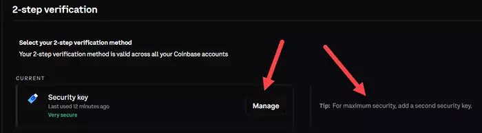 Manage security key in Coinbase account.