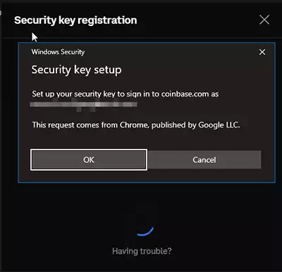Security key setup dialog window.