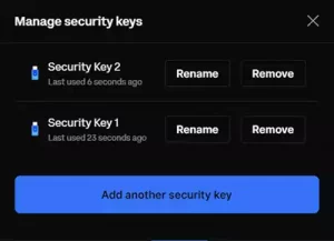 Two YubiKey security keys registered in Coinbase.