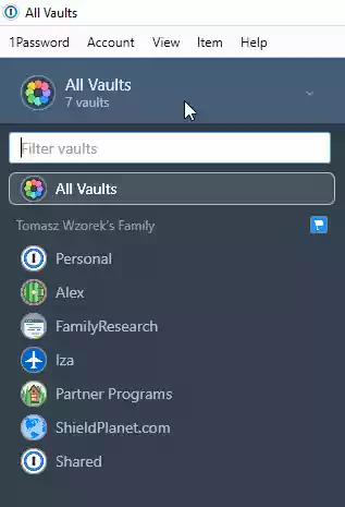 Screenshot of the 1Password vaults created in the app.
