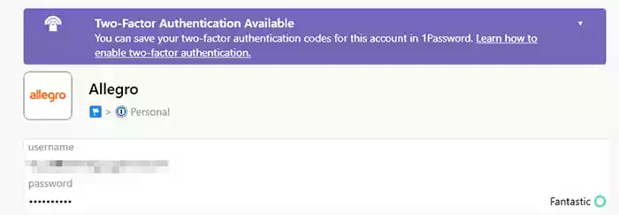 Screenshot of the Two-Factor Authentication availability message in the 1Password.