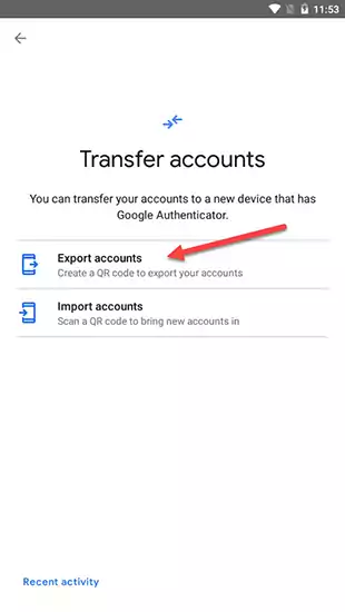 Screenshot of the Export Accounts option in the GA app.