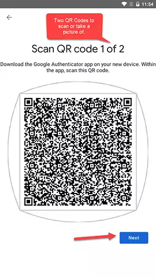 The AR code generated by the Google Authenticator app for exporting accounts before factory resetting the device.