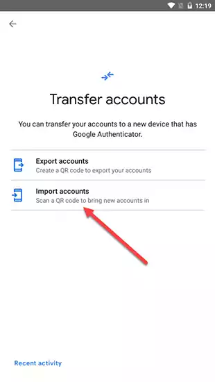 Screenshot of the Transfer Accounts option in the GA app.