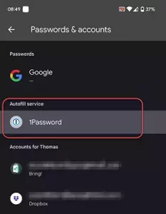 Screenshot of the 1Password Autofill option on the Android device.