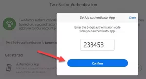 Confirming the 2FA code generated by the authenticator app.