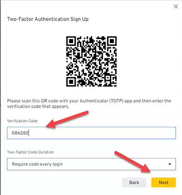 Confirming the 2FA setup by typing the TOTP code created by the authenticator app.
