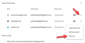 Screenshot of the Saved Passwords in the Chrome browser.