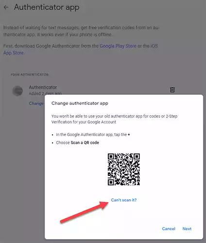 Using can't scan it option to display Secret Key in the Google Account.