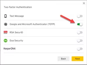Enabling Google and Microsoft Authenticator option in Keeper.