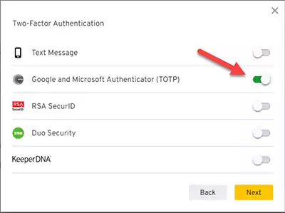 Enabling Google and Microsoft Authenticator option in Keeper.
