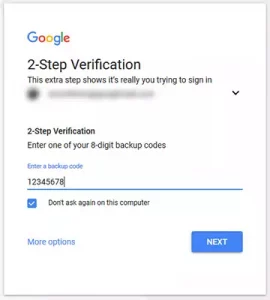 Google 2-Step Verification backup code.
