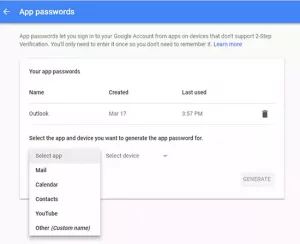 Google App Passwords settings.