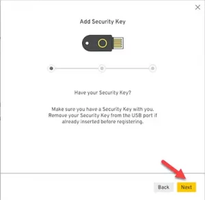 Instruction in Keeper on how to add a YubiKey Security Key.