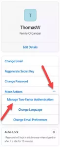Manage Two Factor Authentication option in 1Password.