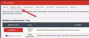 Selecting Multifactor Options in the LastPass manager.