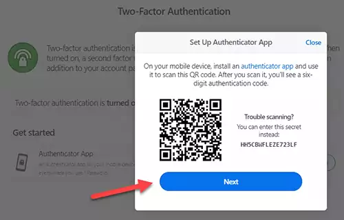 The 2FA QR code generated by 1Password.