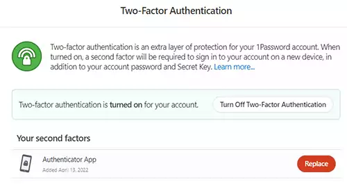 The authenticator app configured as a 2FA in 1Password.