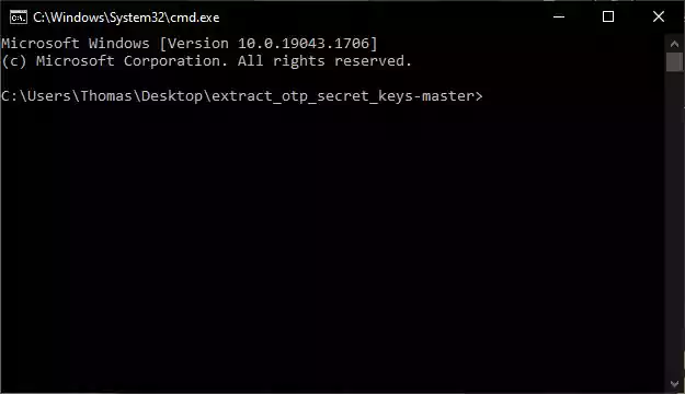 Command line window that points to the Secret Keys extraction software.
