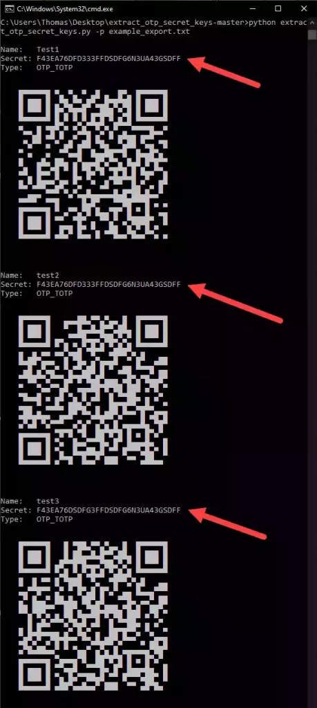 Extracted Secret Keys from Google Authenticator QR codes.