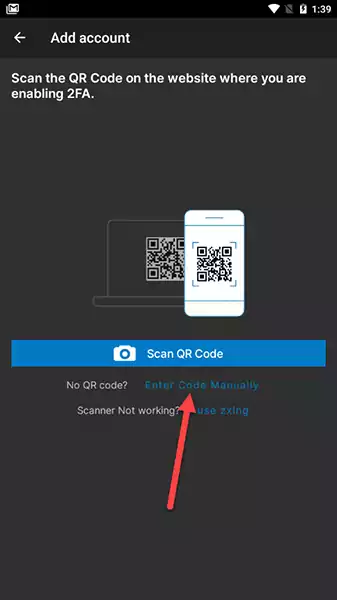 Entering code manually in Authy.