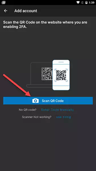 Scan QR code option in Authy.
