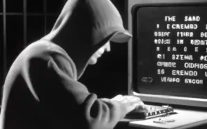 A hacker in hoodie typing a code on the computer.