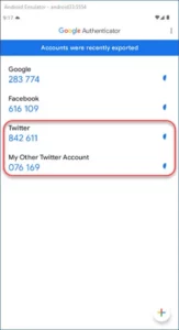 An example of two Twitter accounts added to the Google Authenticator app.