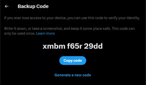 New backup code generated for my Twitter account.