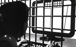A man looking through the metal bars on the computer screen.