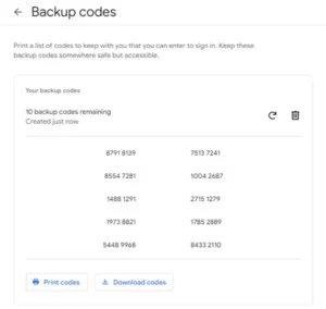 10 Google Backup Codes ready to print or donwload.