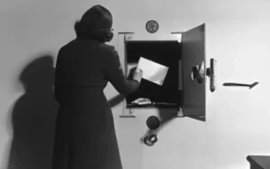 A woman inserting a document into the safe in the wall.