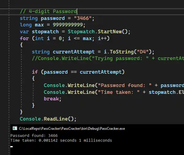 Simple code in C# demonstrating brute force four digit random password breaking.