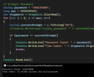 Simple code in C# demonstrating brute force nine digit random password breaking.